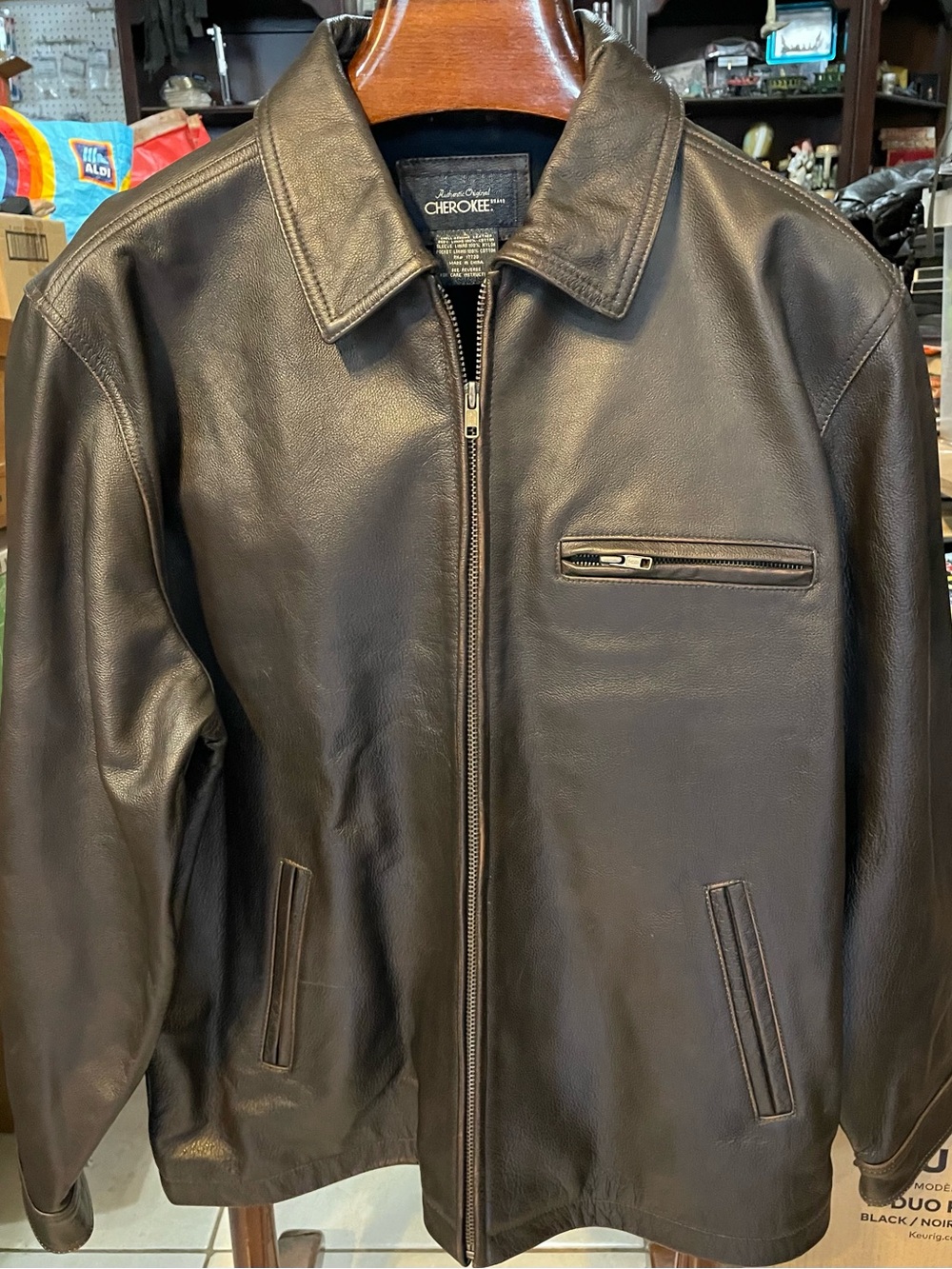 Cherokee Brown Leather Zip-Front Bomber Jacket